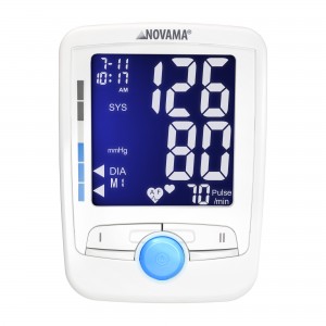 NOVAMA COMFORT+ AF – prednji prikaz tlakomjera za nadlakticu s osvijetljenim zaslonom