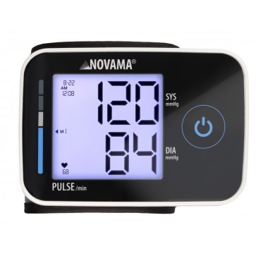 NOVAMA WRISTPRIME BLACK – prednji prikaz crnog tlakomjera za zapešće s osvijetljenim zaslonom