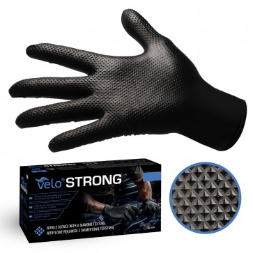 VELO STRONG crne nitrilne rukavice s teksturom dijamanta | Veličina S, M, L, XL i XXL - kutija, uzorak dijamanta i rukavica