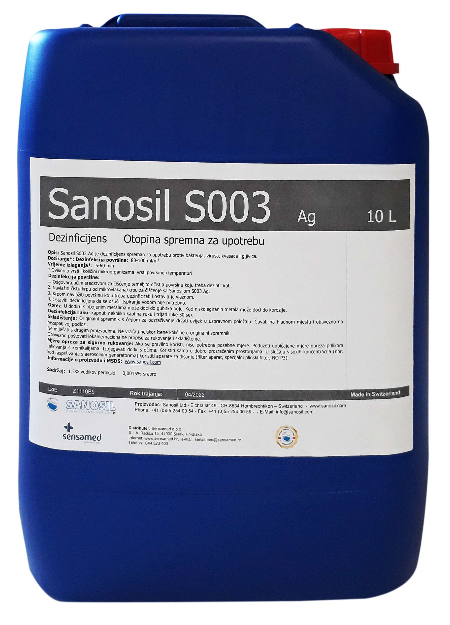 Sanosil S003 sredstvo za dezinfekciju površina i ruku - pakiranje 10 litara