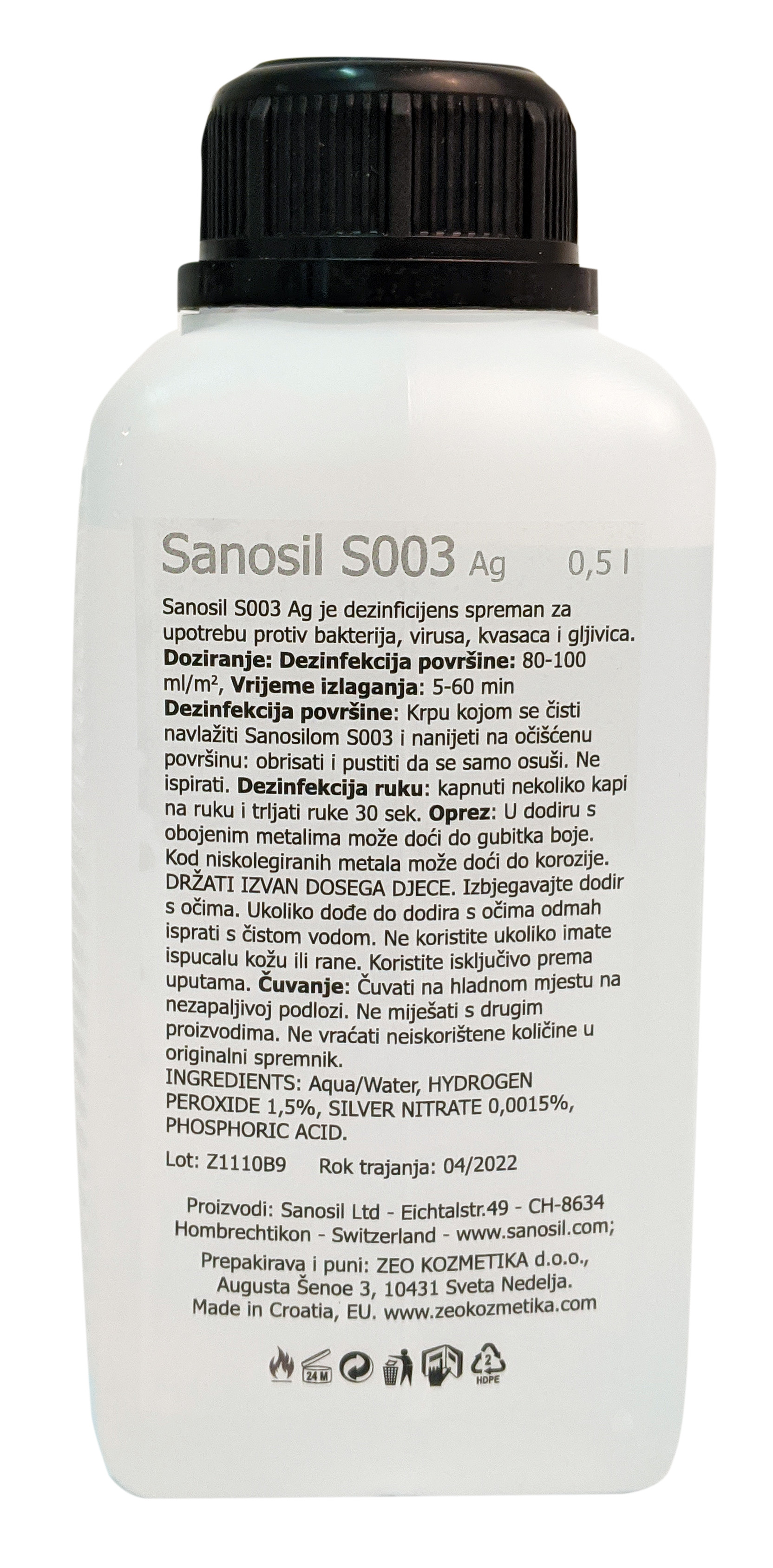 Sanosil S003 sredstvo za dezinfekciju površina i ruku - pakovanje 0,5 litara