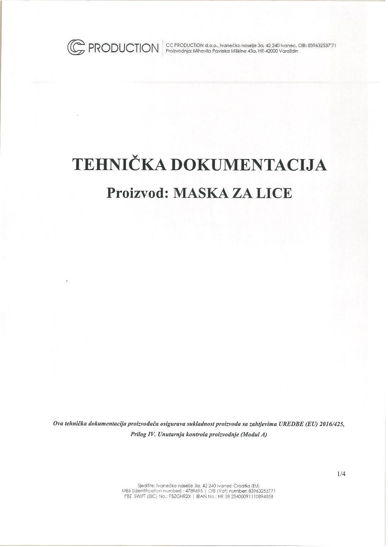 Certifikat - pamučna maska za lice od medicinskog pamuka - 10 komada u pakiranju