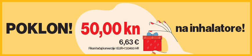 Odaberite inhalator, stavite ga u košaricu a mi ćemo vam odmah iznos košarice umanjiti za 50 kn (50 kn = 6,63 €) Svakom kupcu odabranih inhalatora u košarici poklanjamo 50 kuna popusta (50 kn = 6,63 €)