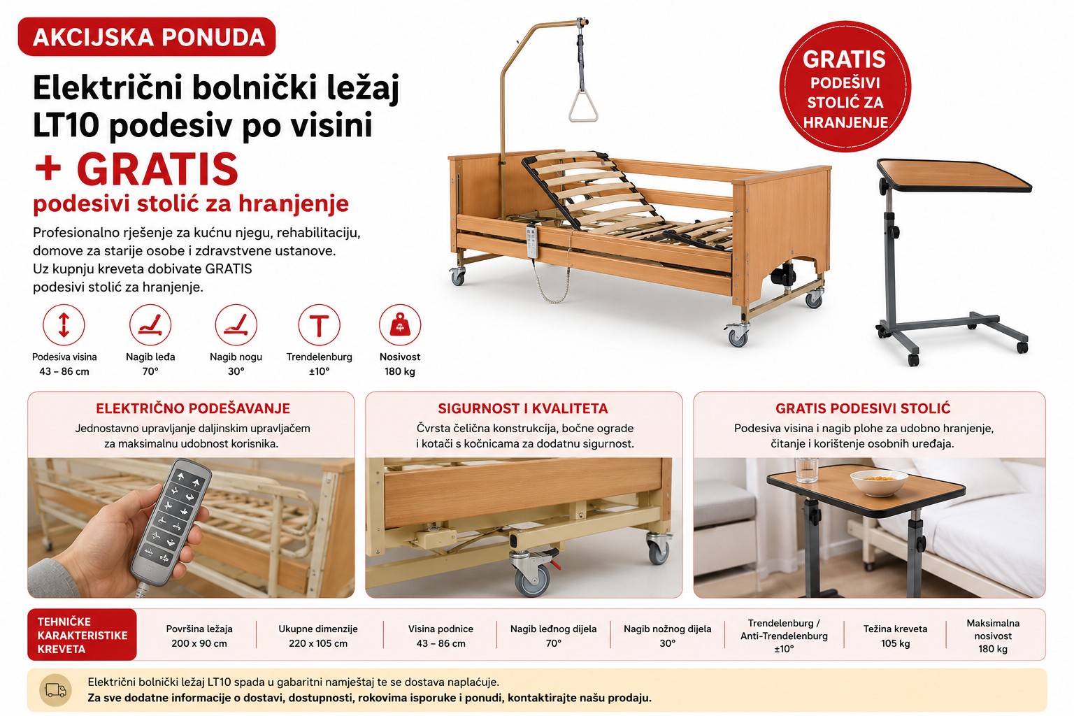 Električni bolnički ležaj LT10 s gratis podesivim stolićem za hranjenje