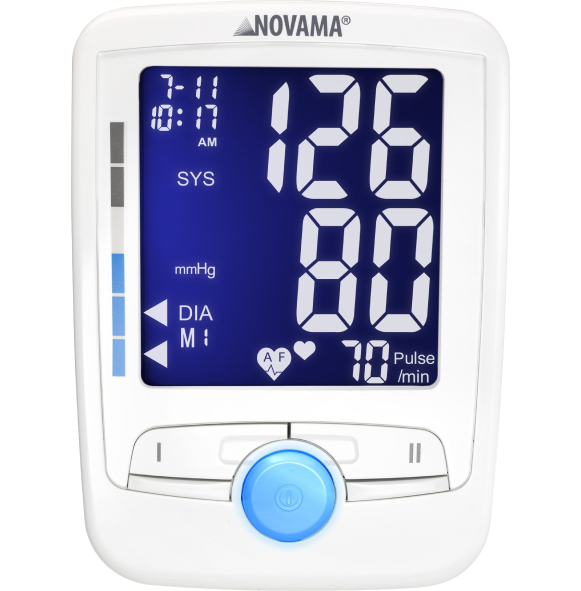 NOVAMA COMFORT+ AF – osvijetljeni zaslon s prikazom krvnog tlaka, pulsa i AF simbola