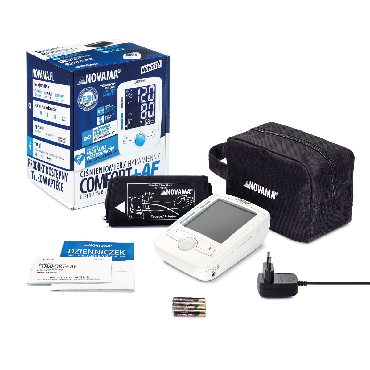 NOVAMA COMFORT+ AF – komplet s tlakomjerom, manžetom, adapterom, baterijama, torbicom i dnevnikom mjerenja