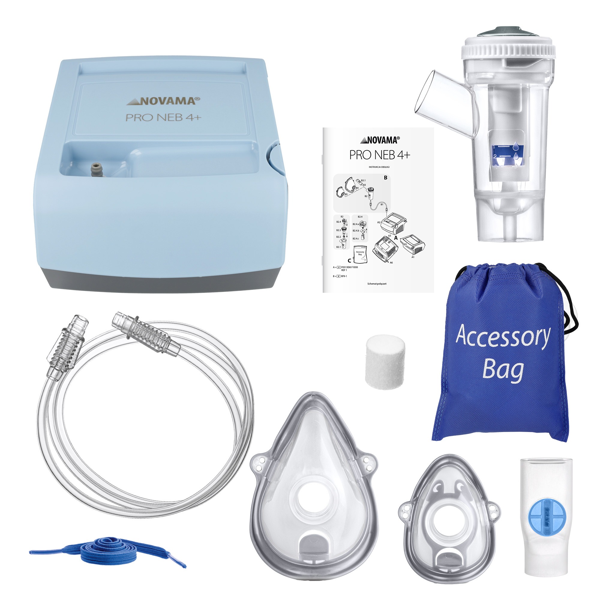 NOVAMA PRO NEB 4+ – sadržaj kompleta s kompresorom, RF9 nebulizatorom, maskama i priborom